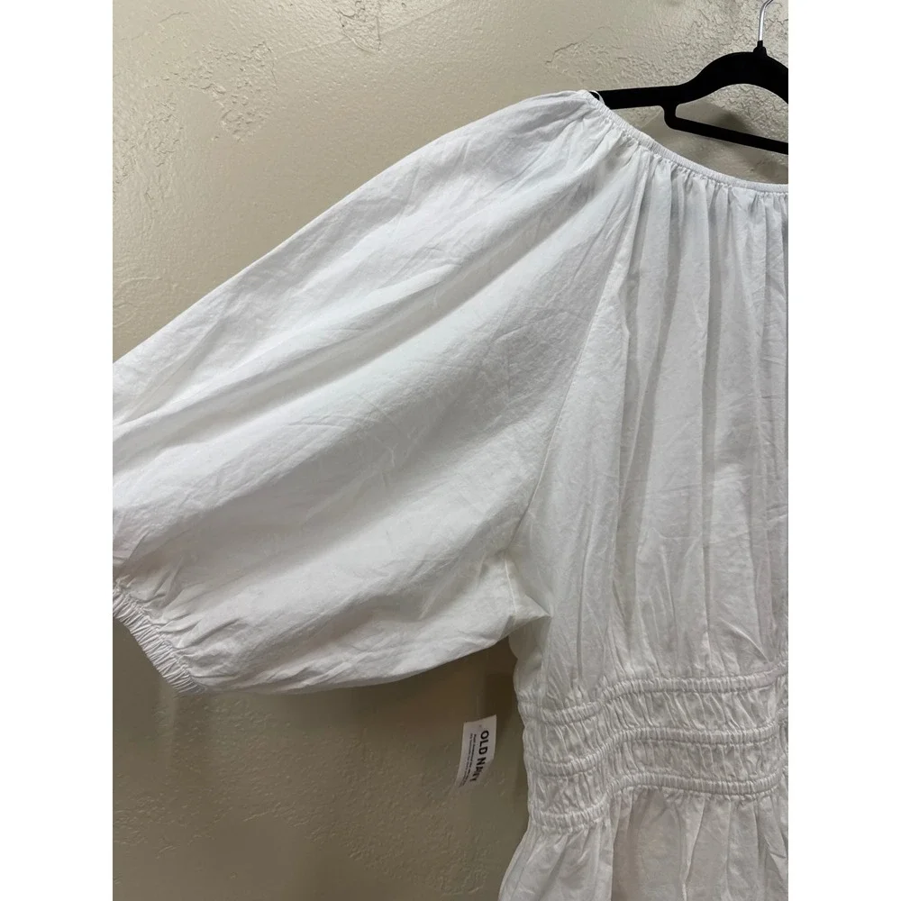 Old Navy Womens White Puff Sleeve Smocked V-Neck Peplum Blouse Top Large